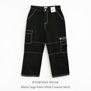 Black Cargo Pants White Contrast Stitch Y2K Streetwear Cotton M